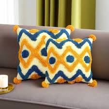 Multicolor Boho Zigzag Tufted Cushion Cover Set – Blue & Mustard Textured Decorative Throw Pillows Cover Set with Tassels for Sofa, Living Room & Bedroom (Pack of 2)