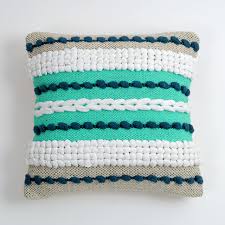 Teal, White & Navy Boho Textured Cushion Cover Set – Striped Tufted Decorative Throw Pillows Cover Set for Sofa, Living Room & Bedroom (Pack of 2)