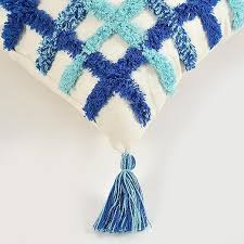Blue & Teal Checkered Boho Cushion Cover Set – Tufted Textured Decorative Throw Pillows Cover Set with Tassels for Sofa, Living Room & Bedroom (Pack of 2)