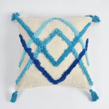 Blue Geometric Boho Cushion Cover Set – Tufted Textured Decorative Throw Pillows with Tassels for Sofa, Living Room & Bedroom (Pack of 2)