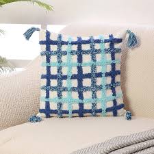 Blue & Teal Checkered Boho Cushion Cover Set – Tufted Textured Decorative Throw Pillows Cover Set with Tassels for Sofa, Living Room & Bedroom (Pack of 2)