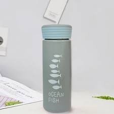 Ocean Fish Print Glass Water Bottle – Cute Portable Drinking Bottle with Strap for School, Office & Travel