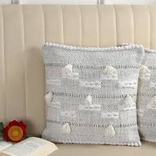 White Boho Textured Cushion Cover Set – Tufted Tassel Decorative Throw Pillows Cover Set for Sofa, Living Room & Bedroom (Pack of 2)