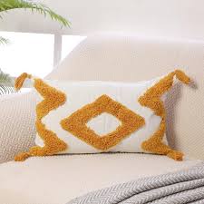 Boho Tufted Diamond Cushion Cover Set – Beige & Rust Orange Decorative Lumbar Throw Pillow Covers with Tassels for Sofa, Couch & Bedroom (Pack of 2)