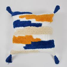 Blue, Mustard & Cream Boho Tufted Cushion Cover Set – Textured Decorative Throw Pillows cover Set with Tassels for Sofa, Living Room & Bedroom (Pack of 2)