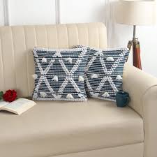 Boho Geometric Tufted Cushion Cover Set – Blue & White Textured Decorative Throw Pillows Cover Set with Tassels for Sofa, Living Room & Bedroom (Pack of 2)