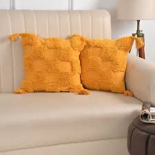 Mustard Boho Textured Cushion Cover Set – Tufted Decorative Throw Pillows with Tassels for Sofa, Living Room & Bedroom (Pack of 2)