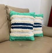 Teal, Cream & Navy Boho Textured Cushion Cover Set – Striped Tufted Decorative Throw Pillows Cover Set for Sofa, Living Room & Bedroom (Pack of 2)