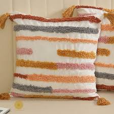 Boho Multicolor Striped Textured Cushion Cover Set – Tufted Decorative Throw Pillows Cover Set with Tassels for Sofa, Living Room & Bedroom (Pack of 2)