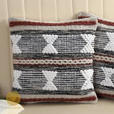 Boho Tribal Textured Cushion Cover Set – Black, White & Rust Tufted Decorative Throw Pillows Cover Set for Sofa, Living Room & Bedroom (Pack of 2)