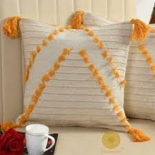 Beige & Mustard Boho Tassel Cushion Cover Set – Textured Decorative Throw Pillows for Sofa, Living Room & Bedroom (Pack of 2)