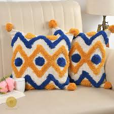 Multicolor Boho Zigzag Tufted Cushion Cover Set – Blue & Mustard Textured Decorative Throw Pillows Cover Set with Tassels for Sofa, Living Room & Bedroom (Pack of 2)