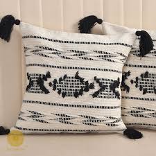 Boho Black & Cream Tribal Cushion Cover Set – Textured Woven Decorative Throw Pillows Cover Set with Tassels for Sofa, Living Room & Bedroom (Pack of 2)