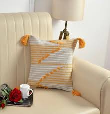 Mustard Tassel Striped Boho Cushion Cover – Textured Woven Decorative Throw Pillow Cover Set for Sofa, Living Room & Bedroom