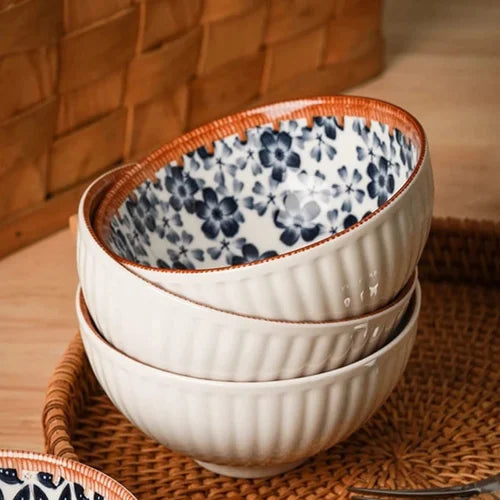 Blue & White Ceramic Bowl Set of 6 – Japanese Floral Pattern Serving & Snack Bowls
