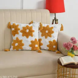 Boho Floral Tufted Cushion Cover Set – Mustard Flower Textured Decorative Throw Pillows Cover Set with Tassels for Sofa, Living Room & Bedroom (Pack of 2)