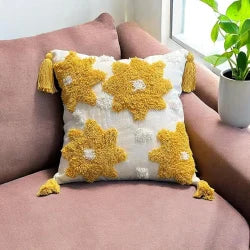 Boho Floral Tufted Cushion Cover Set – Mustard Flower Textured Decorative Throw Pillows Cover Set with Tassels for Sofa, Living Room & Bedroom (Pack of 2)