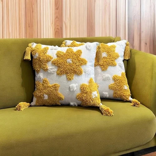Boho Floral Tufted Cushion Cover Set – Mustard Flower Textured Decorative Throw Pillows Cover Set with Tassels for Sofa, Living Room & Bedroom (Pack of 2)