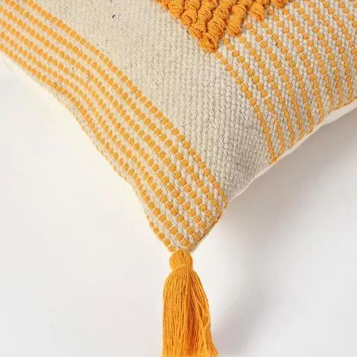 Boho Mustard Tufted Cushion Cover – Textured Square Decorative Throw Pillow Cover Set with Tassels for Sofa, Living Room & Bedroom (Pack of 2)