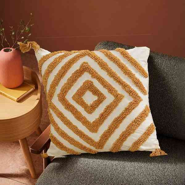 Boho Tufted Diamond Cushion Cover Set – Beige & Mustard Decorative Throw Pillow Covers with Tassels for Sofa, Living Room & Bedroom (Pack of 2)
