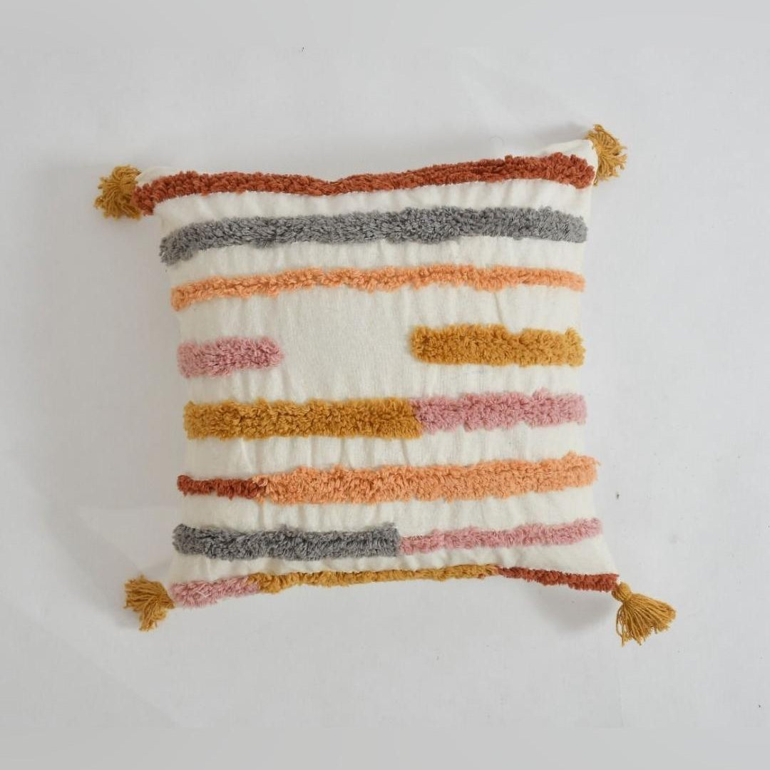 Boho Multicolor Striped Textured Cushion Cover Set – Tufted Decorative Throw Pillows Cover Set with Tassels for Sofa, Living Room & Bedroom (Pack of 2)