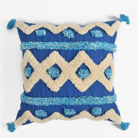 Royal Blue & Cream Boho Tufted Cushion Cover Set – Geometric Textured Decorative Throw Pillows Cover Set with Tassels for Sofa, Living Room & Bedroom (Pack of 2)