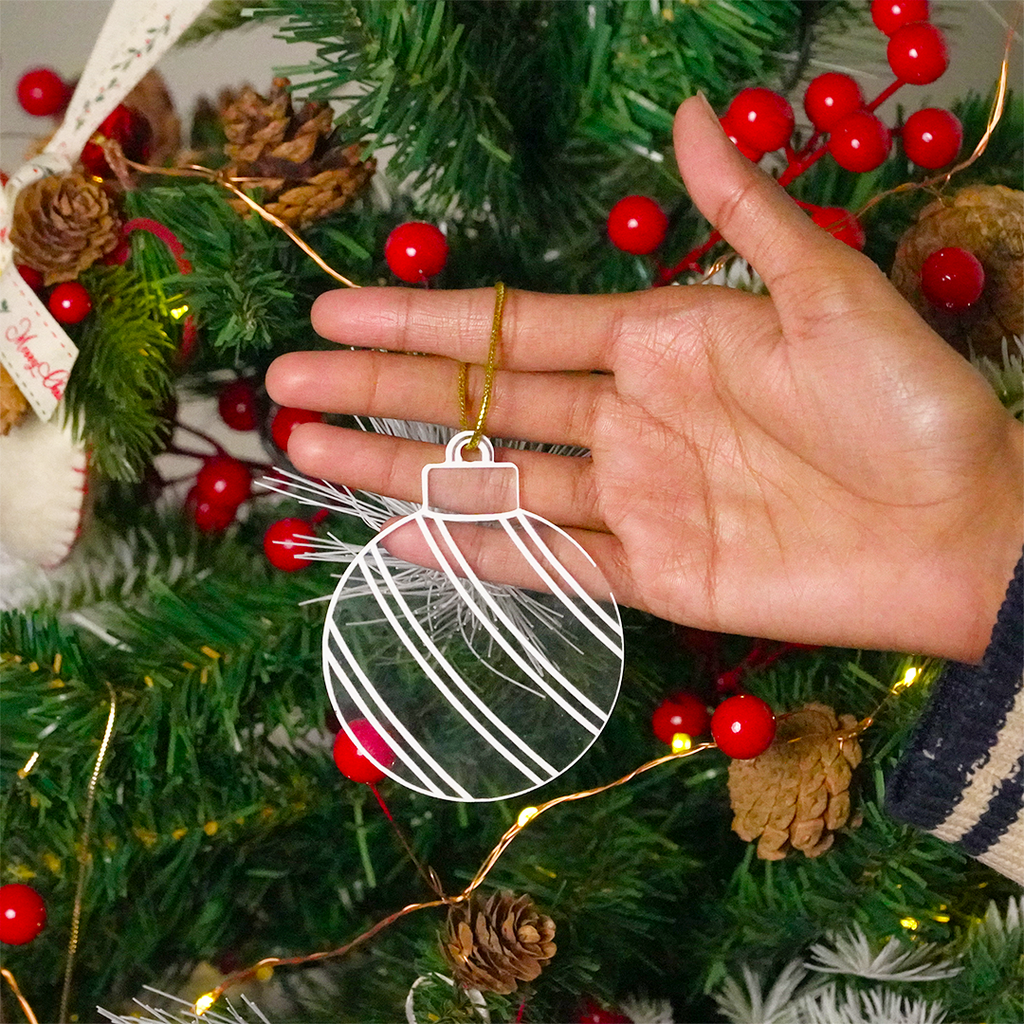 Set of 2 Striped Acrylic Bauble Ornament – Elegant 8cm Christmas Hanging Décor