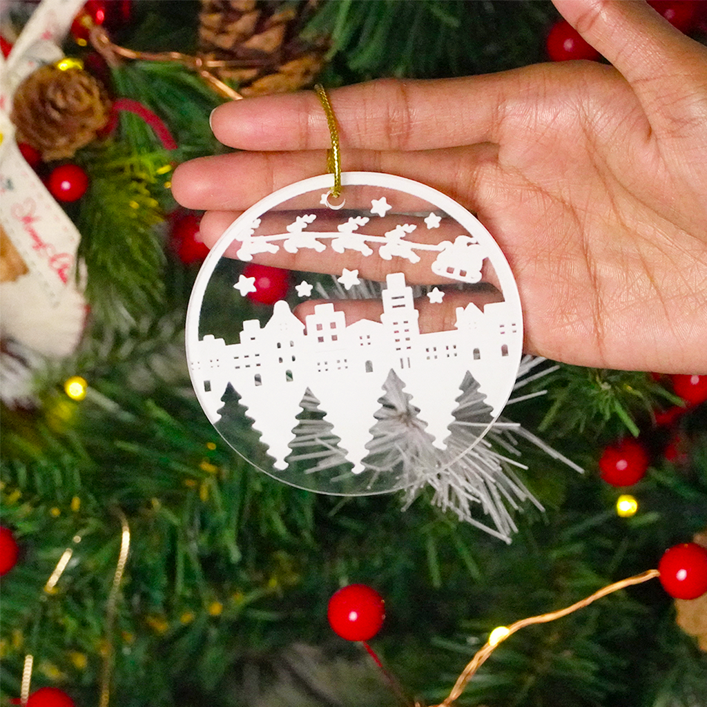 Set of 2 Acrylic Christmas Cityscape Ornaments – Hanging Décor