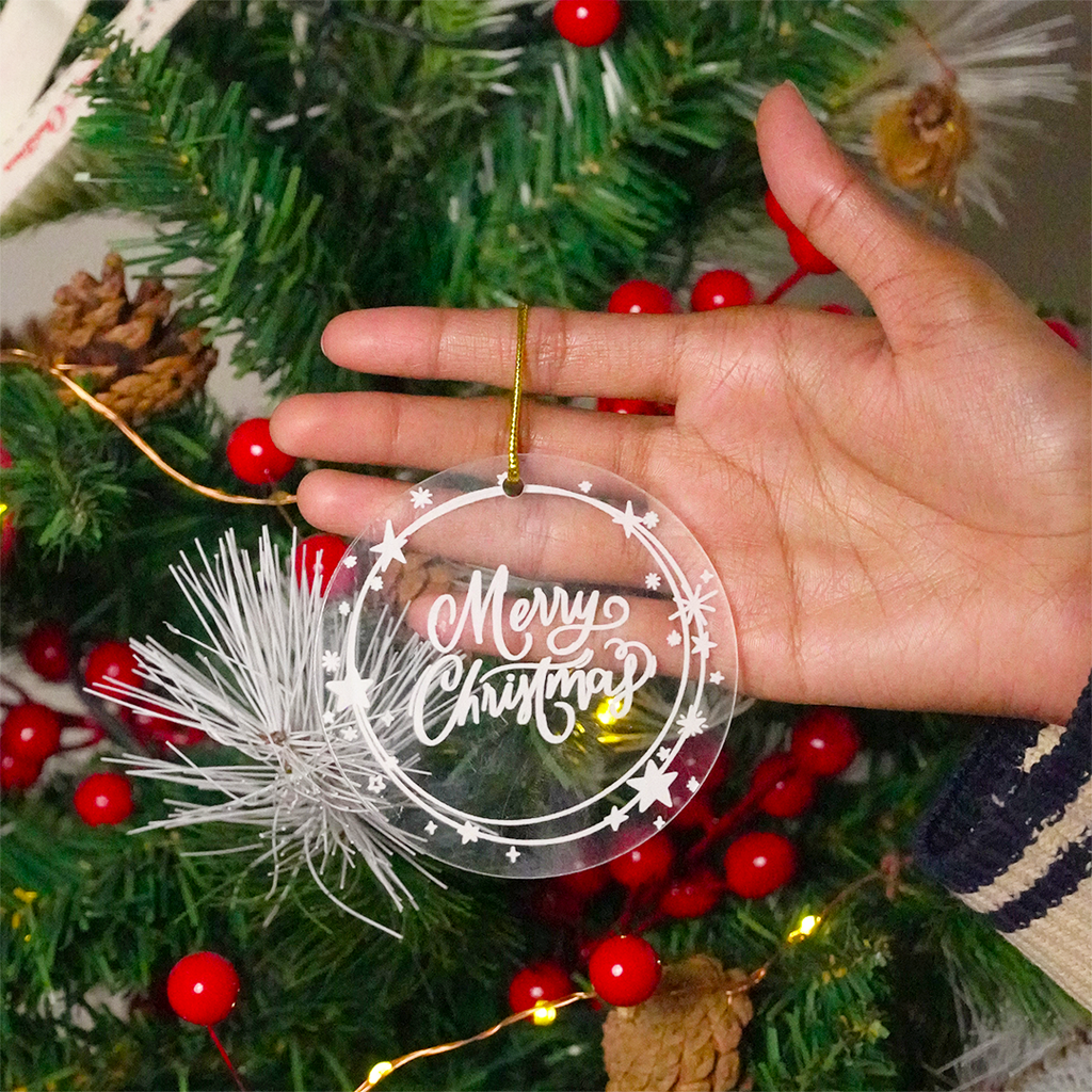 Set of 2 Acrylic Merry Christmas Ornaments – Festive Star Border Hanging Décor