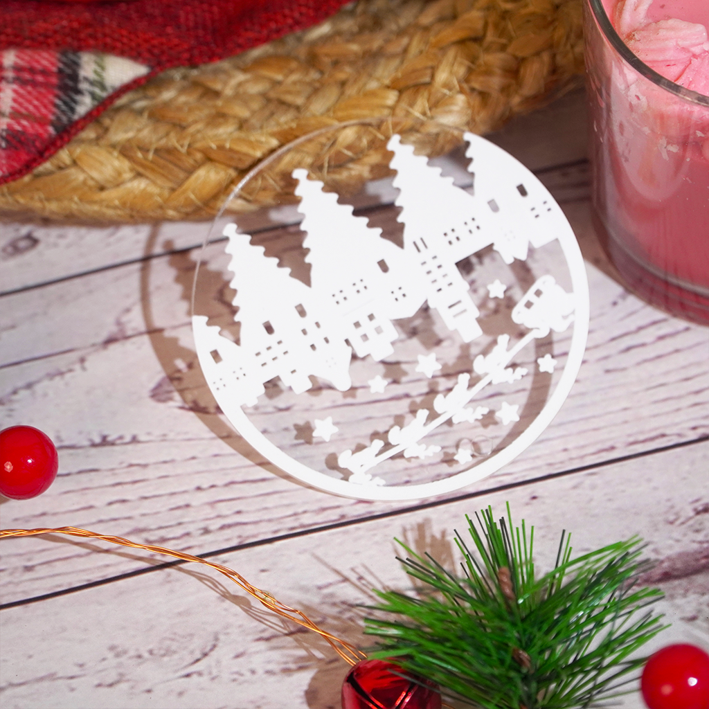 Set of 2 Acrylic Christmas Cityscape Ornaments – Hanging Décor