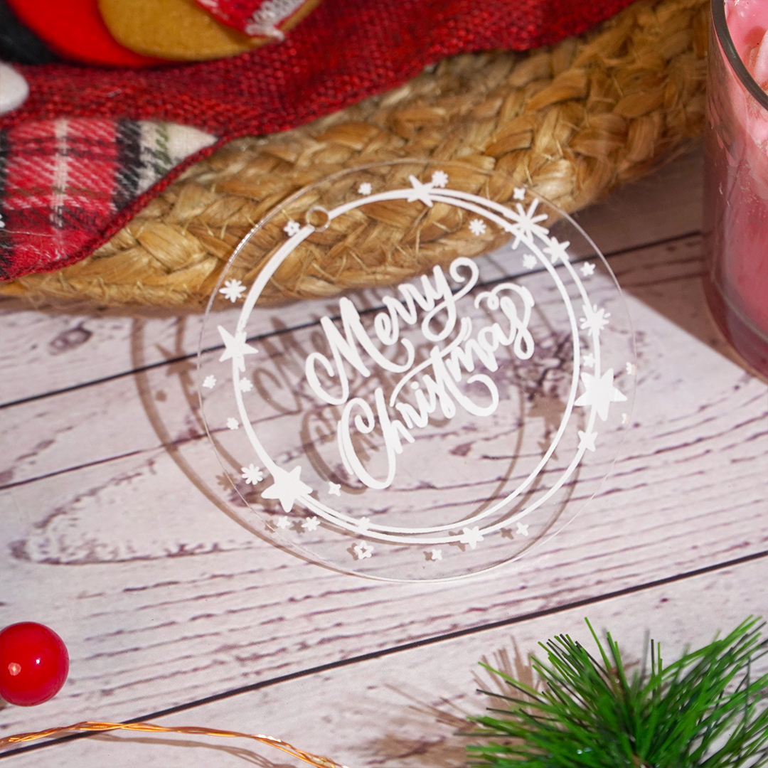 Set of 2 Acrylic Merry Christmas Ornaments – Festive Star Border Hanging Décor