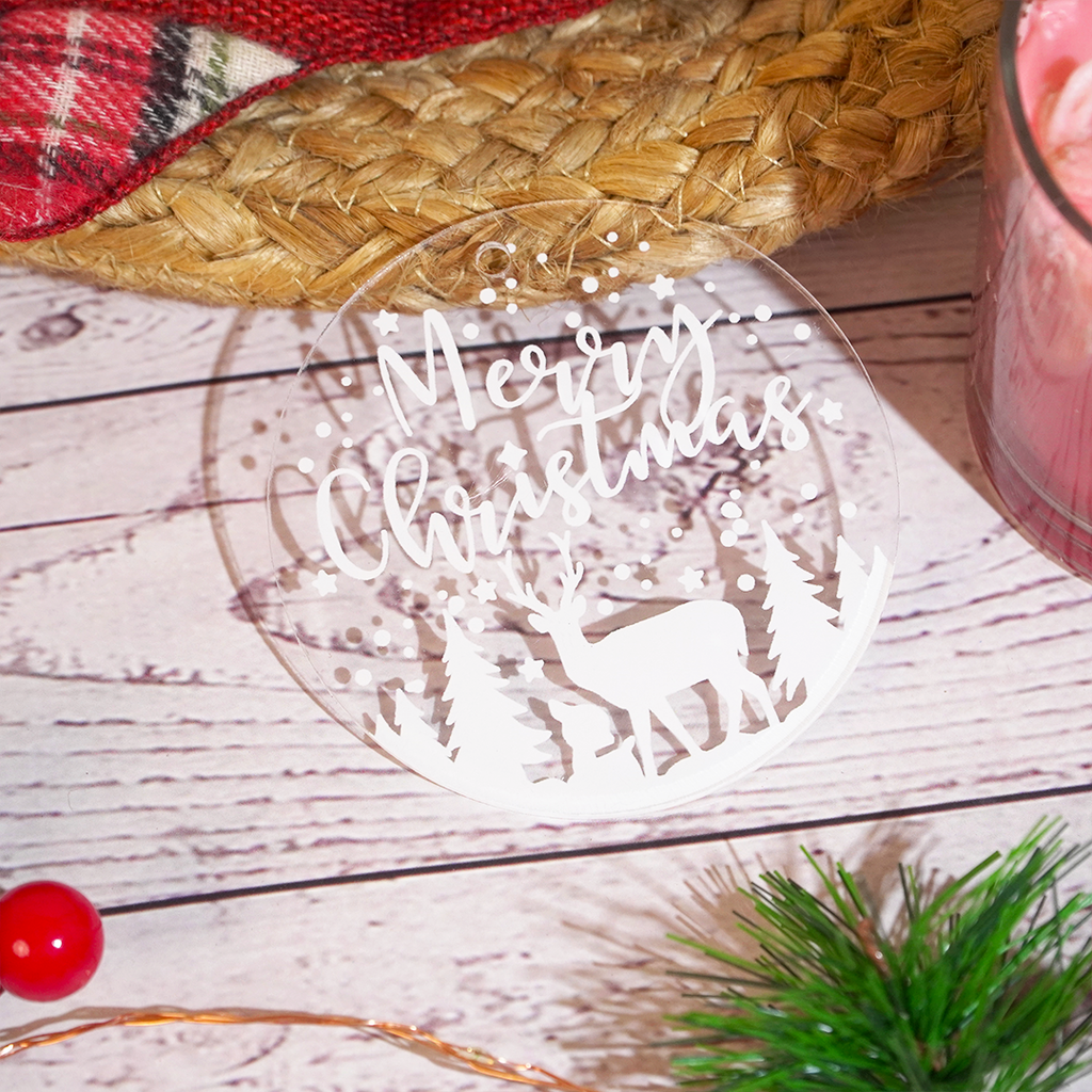 Set of 2 –Merry Christmas Reindeer Scene Acrylic Ornament – Premium Hanging Decoration (8cm)