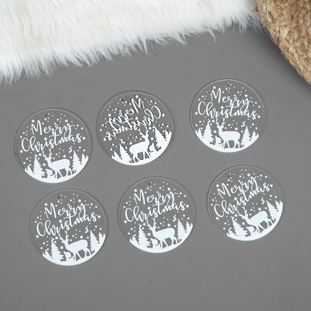 Set of 2 –Merry Christmas Reindeer Scene Acrylic Ornament – Premium Hanging Decoration (8cm)