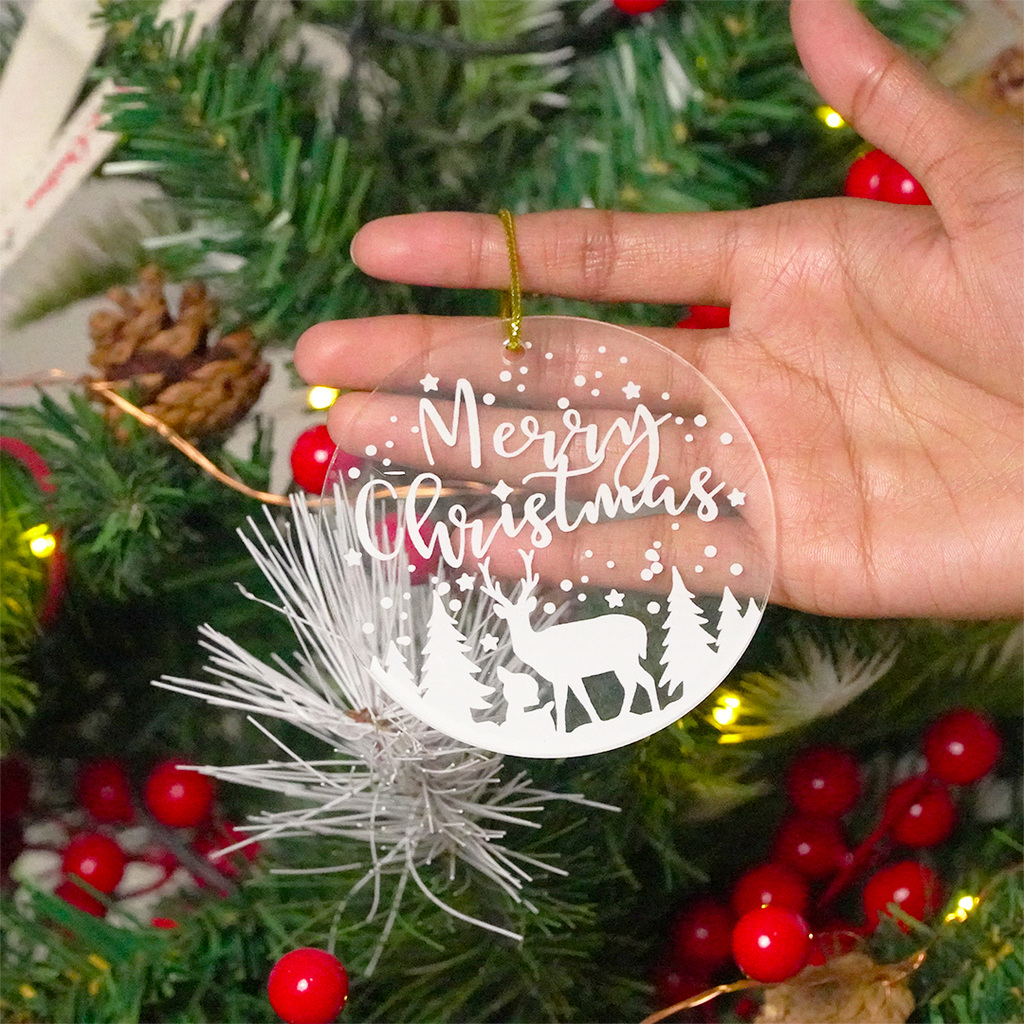 Set of 2 –Merry Christmas Reindeer Scene Acrylic Ornament – Premium Hanging Decoration (8cm)
