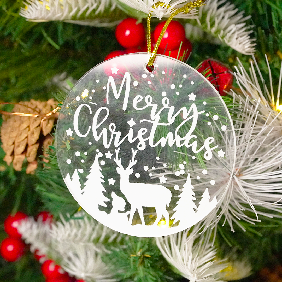 Set of 2 –Merry Christmas Reindeer Scene Acrylic Ornament – Premium Hanging Decoration (8cm)