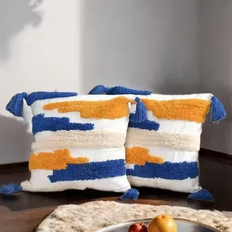 Blue, Mustard & Cream Boho Tufted Cushion Cover Set – Textured Decorative Throw Pillows cover Set with Tassels for Sofa, Living Room & Bedroom (Pack of 2)