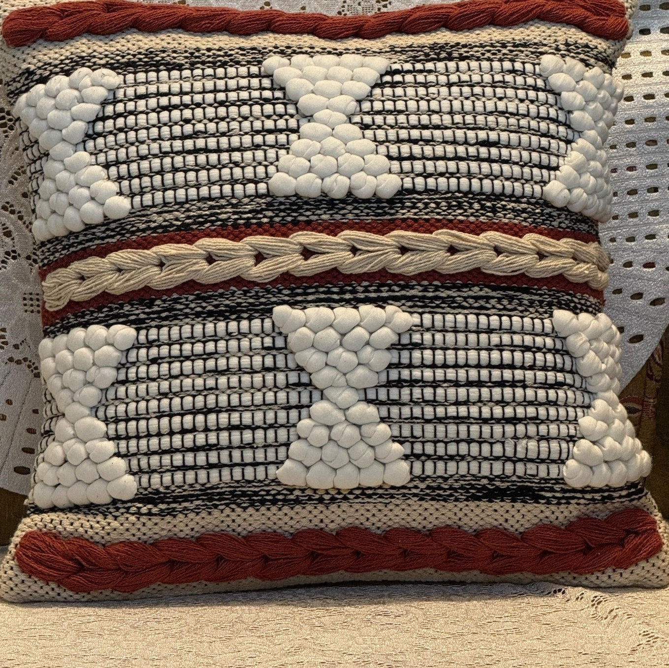 Boho Tribal Textured Cushion Cover Set – Black, White & Rust Tufted Decorative Throw Pillows Cover Set for Sofa, Living Room & Bedroom (Pack of 2)