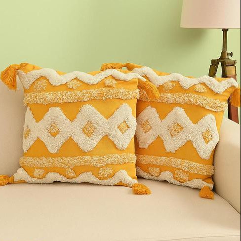 Mustard & Cream Boho Tufted Cushion Cover Set – Geometric Textured Decorative Throw Pillows Cover Set with Tassels for Sofa, Living Room & Bedroom (Pack of 2)
