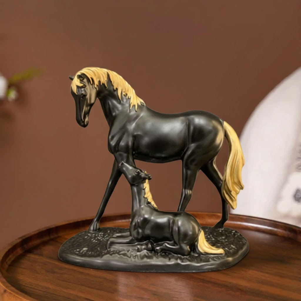 Elegant Horse & Foal Figurine Showpiece – Premium Resin Black & Gold Horse Statue for Home Décor