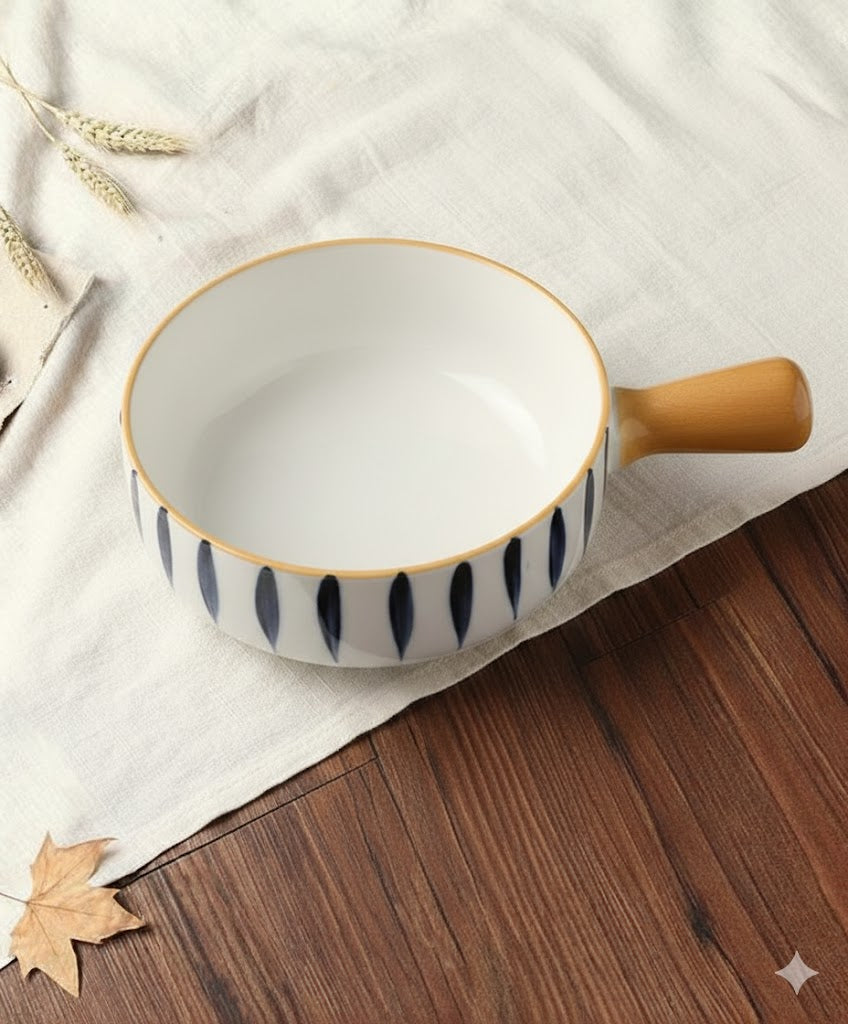 Elegant Ceramic Handle Bowl – Blue Leaf Pattern (1 Piece)