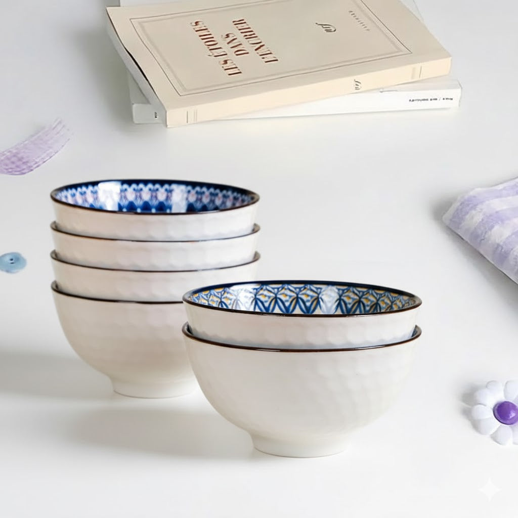 Bohemian Mosaic Ceramic Bowls – Set of 6 | Handcrafted Multi-Pattern Snack Bowls