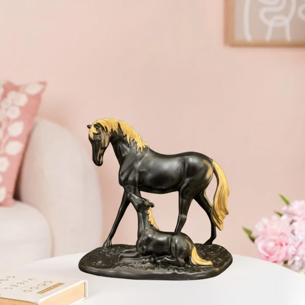 Elegant Horse & Foal Figurine Showpiece – Premium Resin Black & Gold Horse Statue for Home Décor