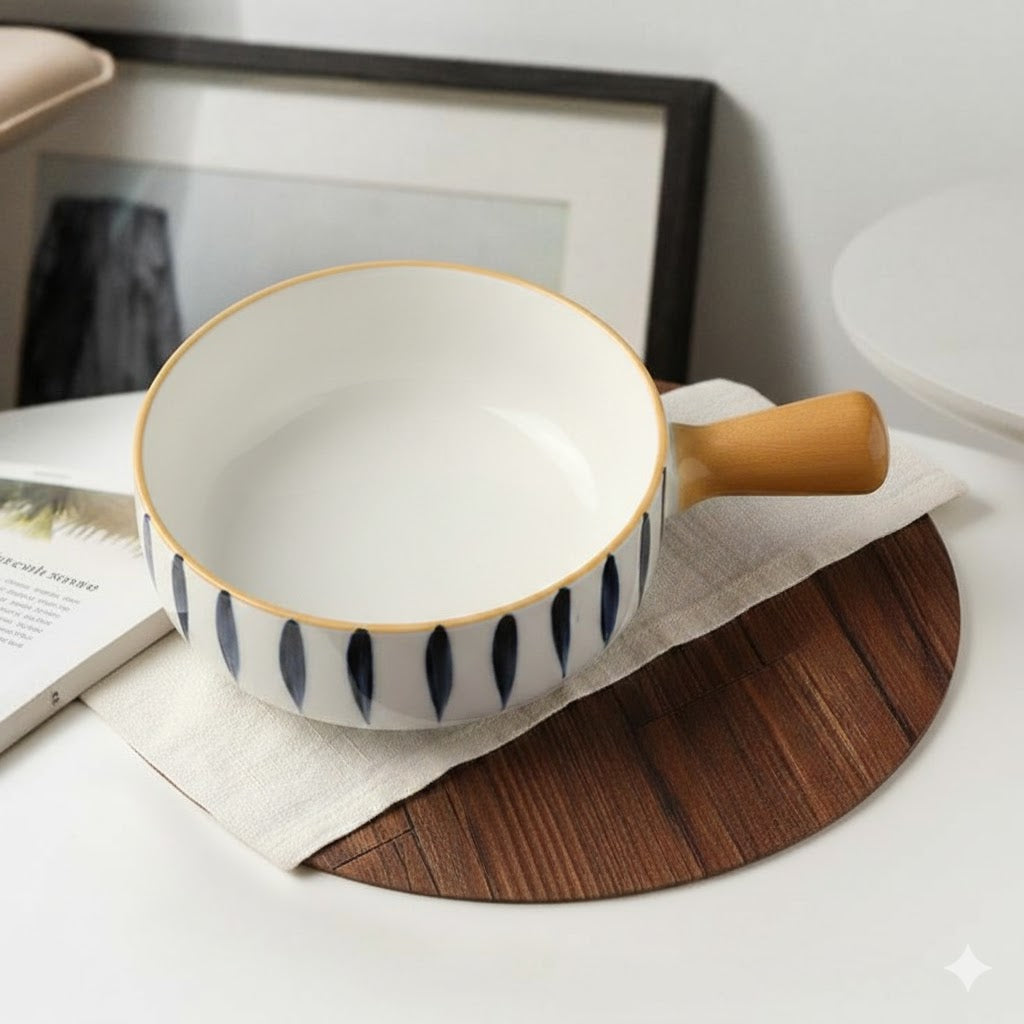 Elegant Ceramic Handle Bowl – Blue Leaf Pattern (1 Piece)