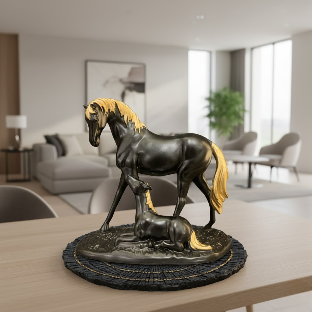 Elegant Horse & Foal Figurine Showpiece – Premium Resin Black & Gold Horse Statue for Home Décor