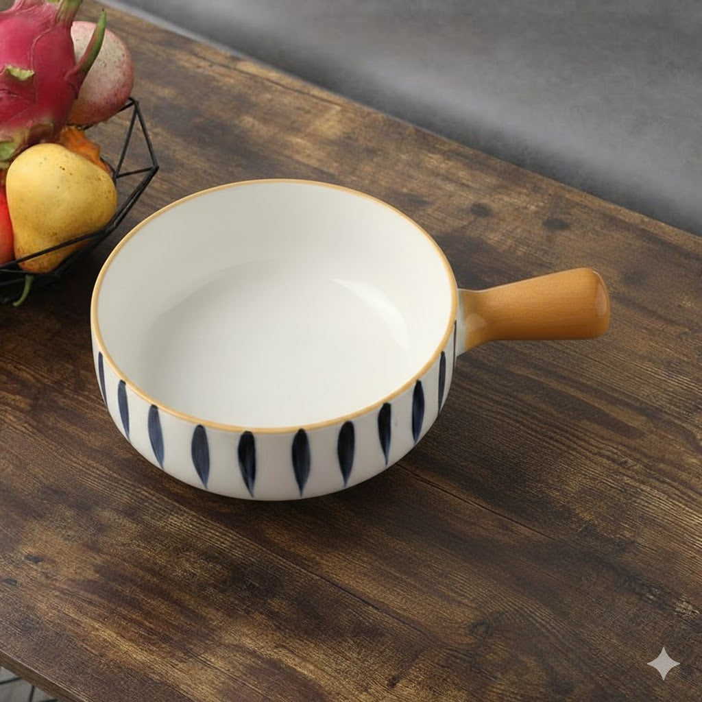 Elegant Ceramic Handle Bowl – Blue Leaf Pattern (1 Piece)