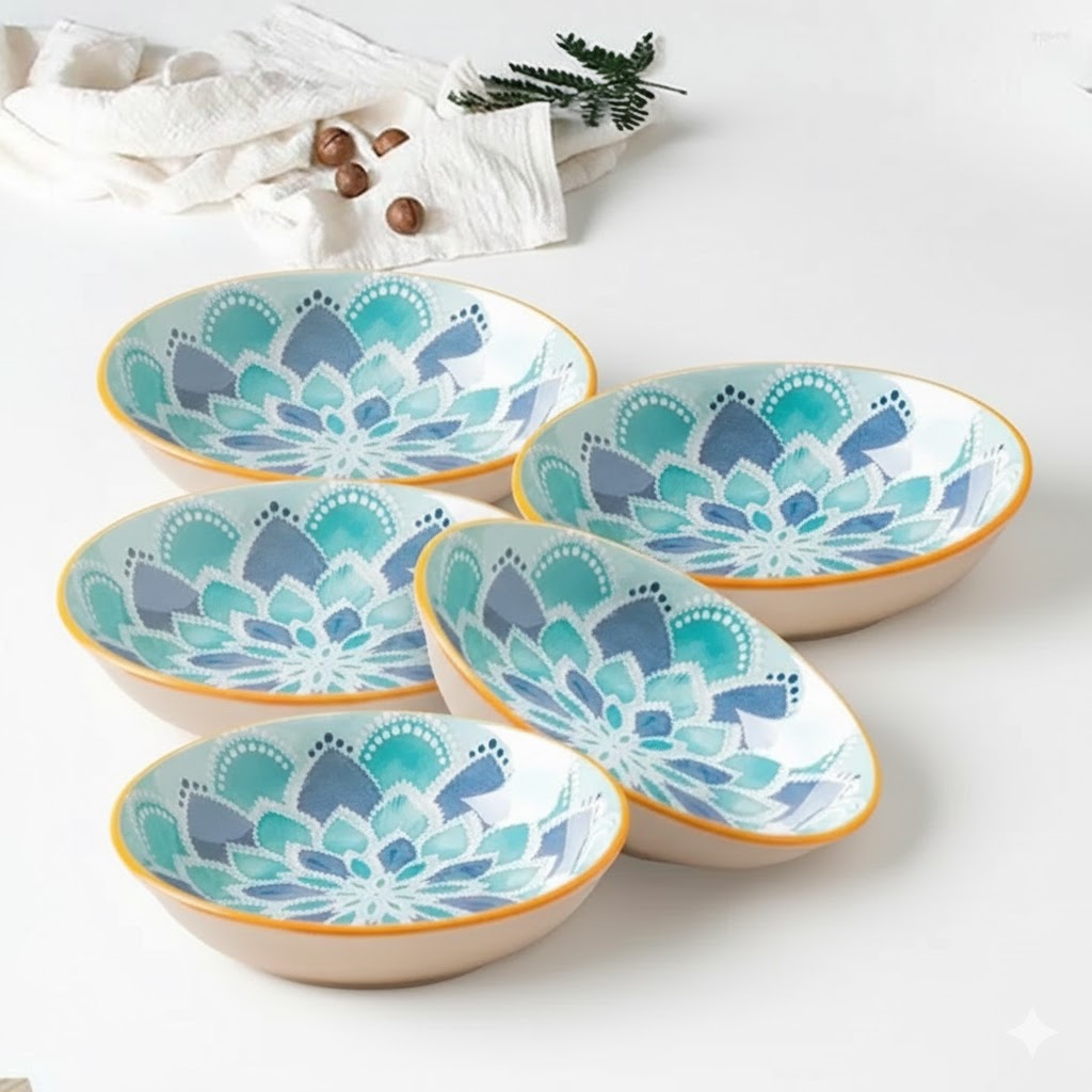 Elegant Aqua Bloom Ceramic Bowls – Set of 4 | Perfect for Snacks, Salads & Desserts