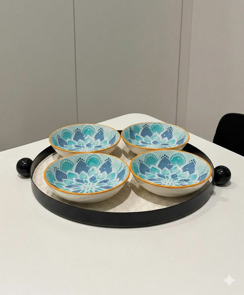 Elegant Aqua Bloom Ceramic Bowls – Set of 4 | Perfect for Snacks, Salads & Desserts