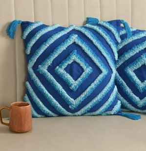 Blue Geometric Tufted Cushion Cover Set – Boho Textured Decorative Throw Pillows Cover Set with Tassels for Sofa, Living Room & Bedroom (Pack of 2)