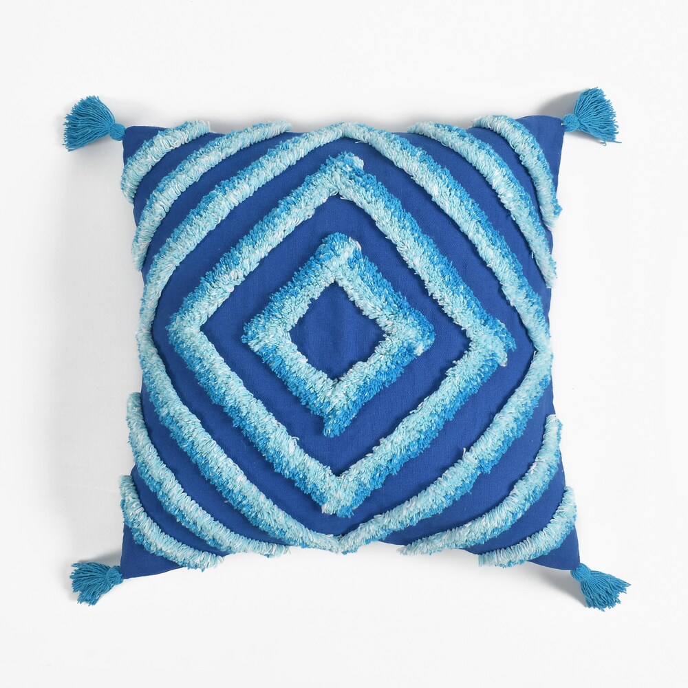 Blue Geometric Tufted Cushion Cover Set – Boho Textured Decorative Throw Pillows Cover Set with Tassels for Sofa, Living Room & Bedroom (Pack of 2)